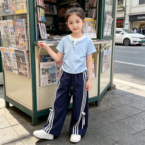 2026新款女童夏季假两件短袖上衣中大童时尚蕾丝阔腿裤套装