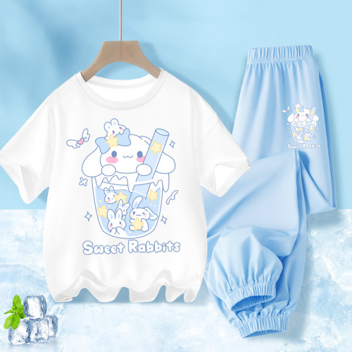女童夏季套装2025新款儿童薄款冰丝速干两件套女孩玉桂狗白色夏装
