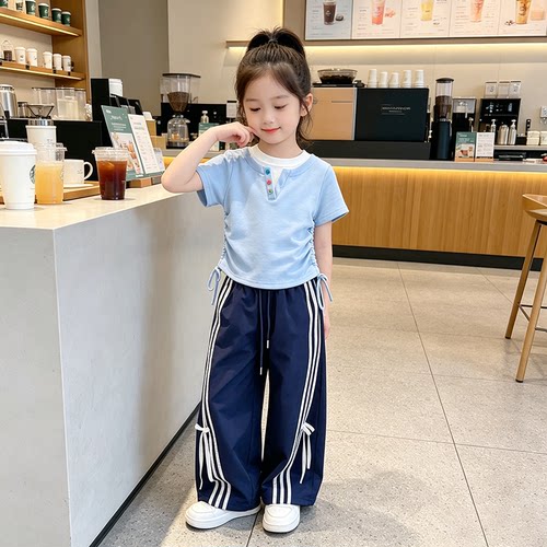 2026新款女童夏季两件套假两件短袖上衣中大童韩系宽松阔腿裤套装