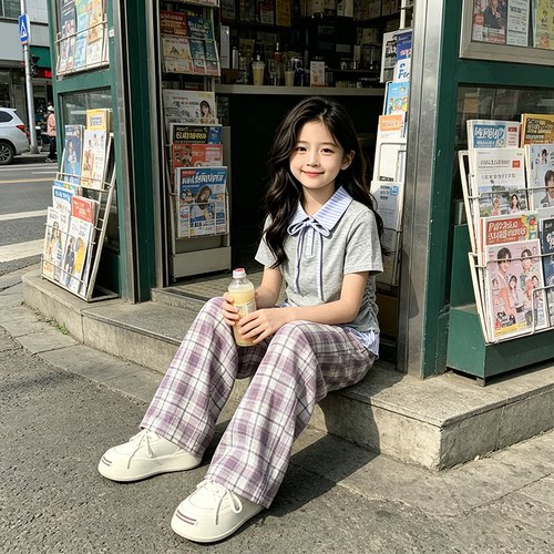 中大童时尚翻领假两件短袖格子裤套装夏季新款女童休闲上衣阔腿裤