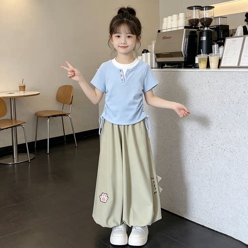 2026女童夏季洋气潮流假两件短袖上衣中大童休闲百搭阔腿裤套装
