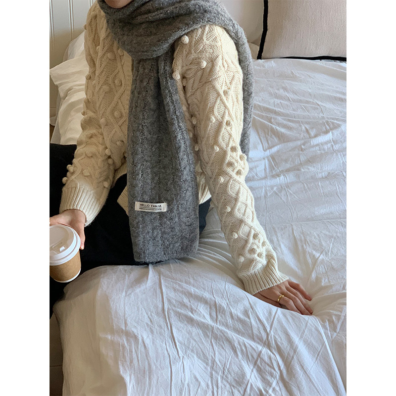 高品质秋冬保暖围巾女韩版ins百搭灰色简约麻花高级感防寒围脖