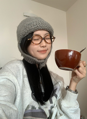 韩国ins风手工针织飞行帽秋冬季保暖护耳帽防寒毛线帽子脖套一体
