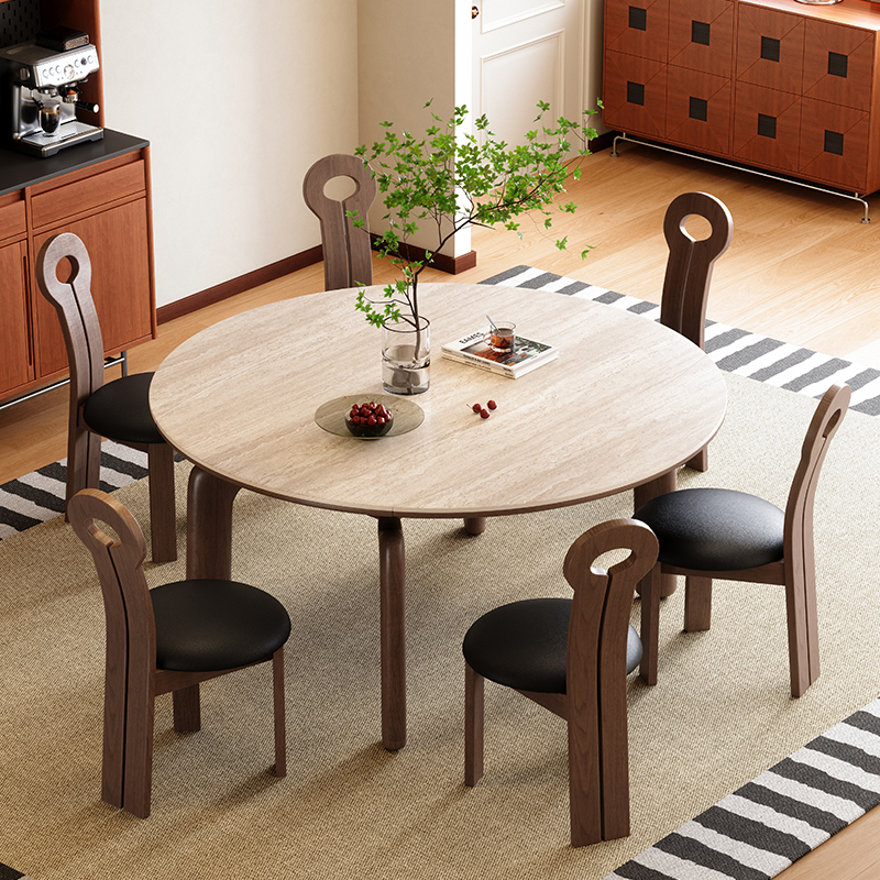 中古风圆形伸缩岩板餐桌可高端