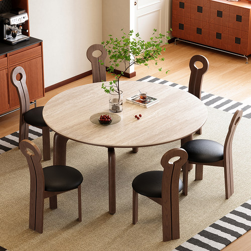 中古风圆形伸缩岩板餐桌可高端