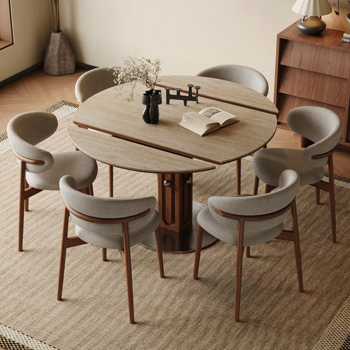 洞石岩板伸缩餐桌复古圆形家用