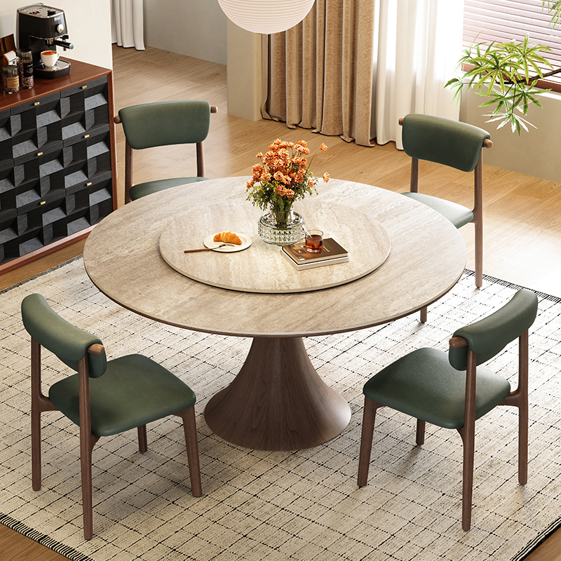 梵创 德利丰洞石岩板餐桌圆形家用法式中古奶油风高端小户型圆桌