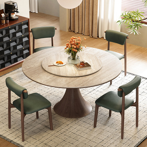 梵创 德利丰洞石岩板餐桌圆形家用法式中古奶油风高端小户型圆桌