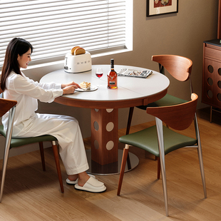 梵创 椭圆折叠岩板餐桌家用小户型中古风可伸缩复古实木洽谈桌椅