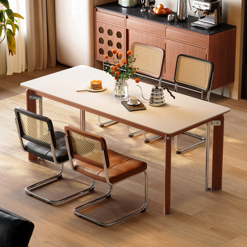 实木岩板餐桌长方形中古风家用