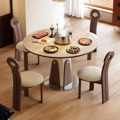 岩板折叠餐桌中古风正方可变圆