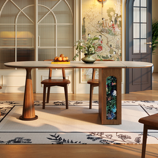 梵创 中古风洞石岛台餐桌椅组合小户型家用可伸缩折叠饭桌子 法式