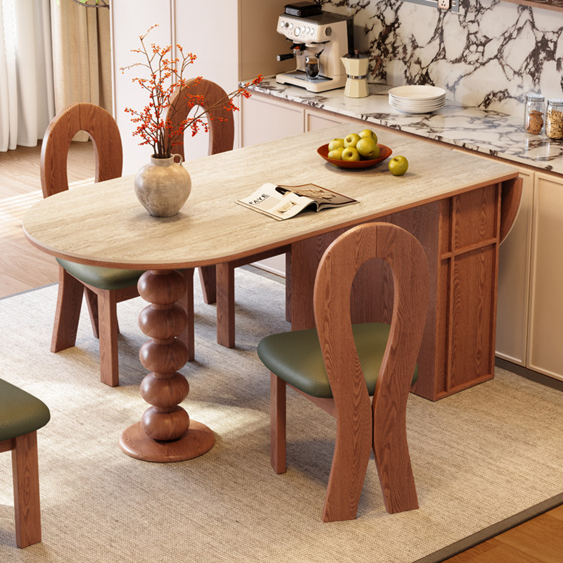 中古风洞石岩板餐桌法式复古椭圆