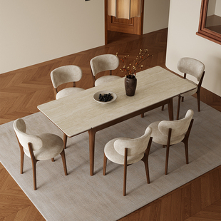 梵创 可伸缩岩板餐桌实木家用小户型长方形白蜡木中古风吃饭桌子