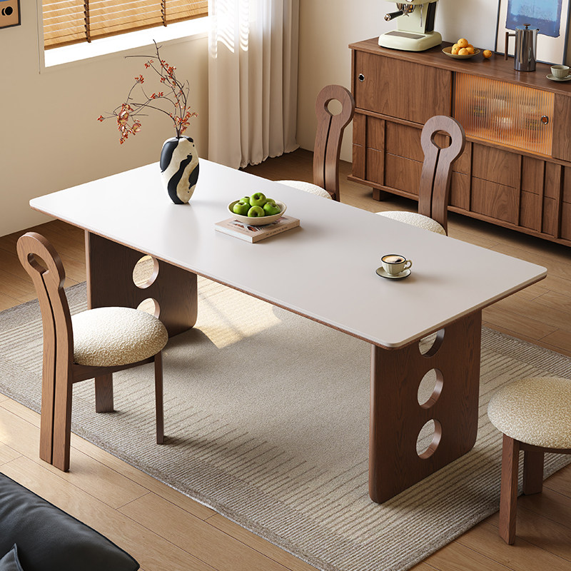 梵创 中古风纯白岩板餐桌家用小户型法式复古长方形实木餐桌椅子