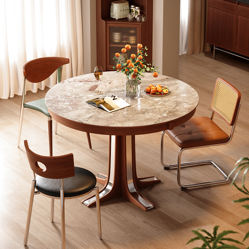 中古风岩板伸缩餐桌圆形实木法式