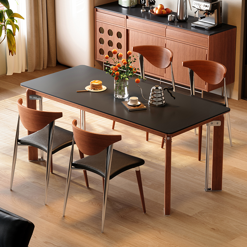 梵创 德利丰纯黑岩板餐桌长方形包豪斯中古风小户型家用全托饭桌