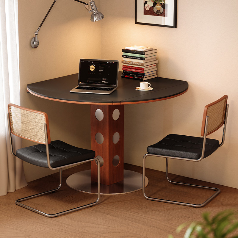 梵创 小户型黑色岩板功能餐桌可变圆桌法式复古白蜡木方圆两用桌,住宅家具,岩板餐桌,淘宝优惠券,粉丝福利购,淘宝优惠卷