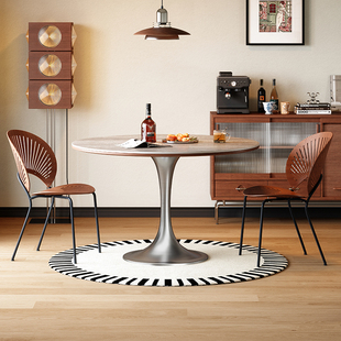 梵创 复古圆桌家用小户型包豪斯洞石岩板餐桌轻奢高端郁金香饭桌