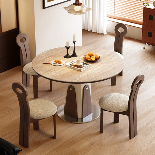 岩板折叠餐桌中古风正方可变圆