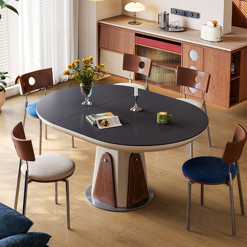 梵创 实木伸缩餐桌小户型椭圆形餐桌可折叠家用不锈钢底座圆形桌
