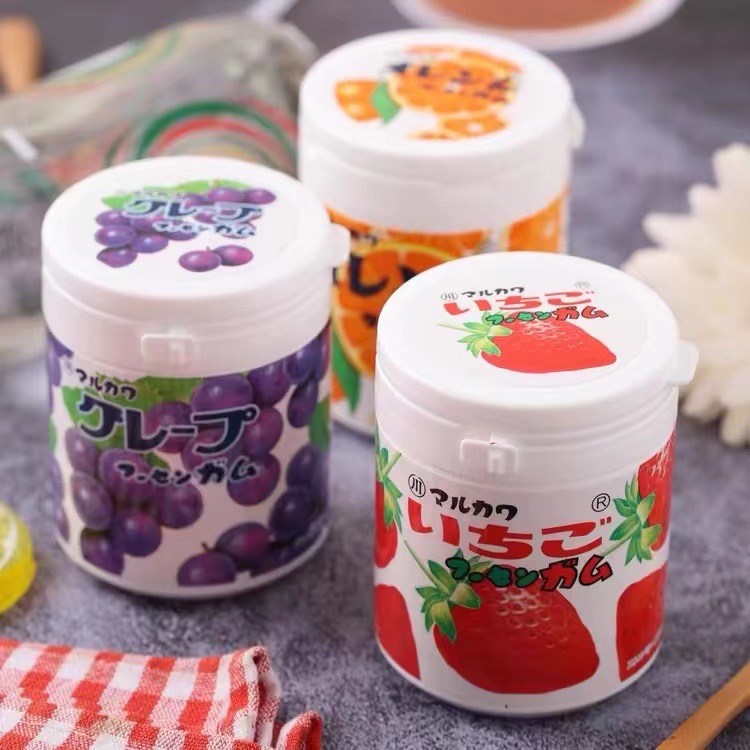 日本零食丸川口香糖 橘子草莓葡萄味水果味木糖醇泡泡糖罐装130g
