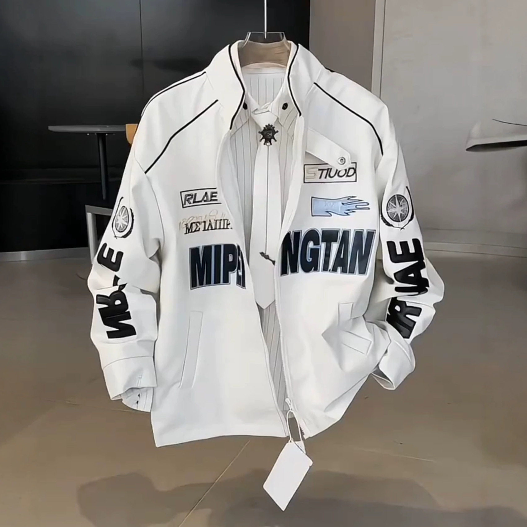 美式PU皮赛车服外套男款春季痞帅hiphop飞行夹克设计感立领机车服