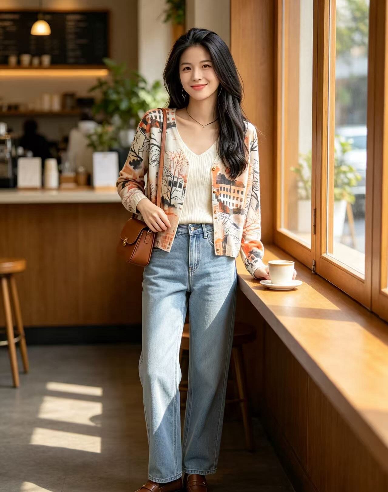 2026新款薄款桑蚕丝羊毛艺术水彩建筑印花女V领花色长袖针织开衫