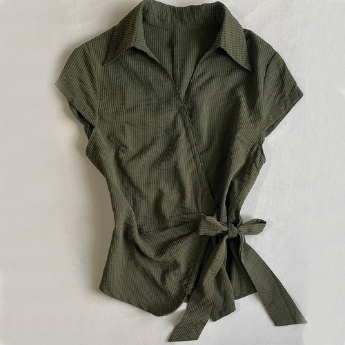 复古绿色修身收腰显瘦条纹衬衫