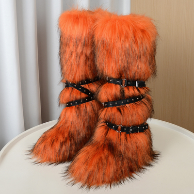 时尚铆钉毛毛靴女中长筒雪地靴子