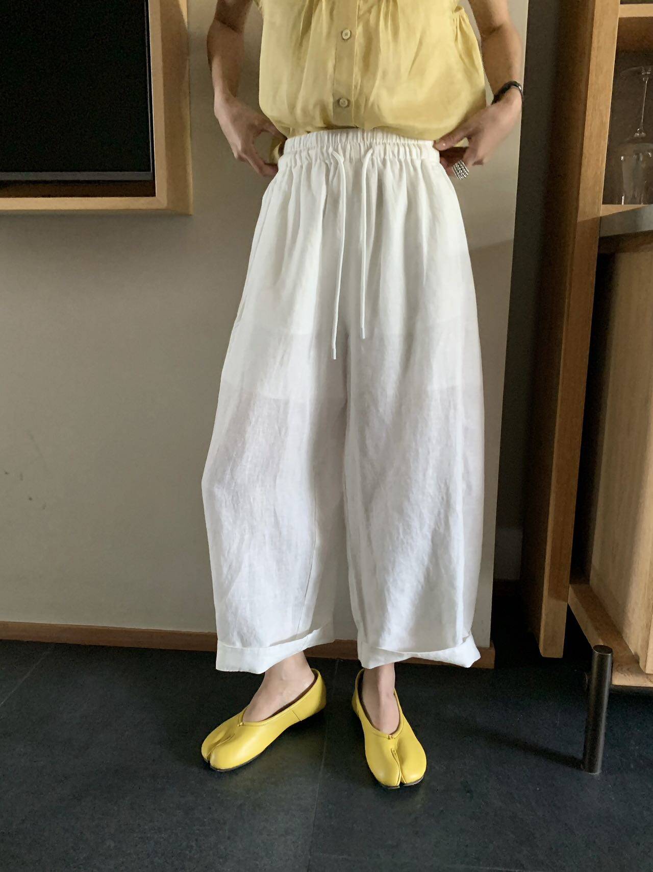 2026新款亚麻1女士裤夏季直筒垂感拖地松紧腰休闲长裤MM69105