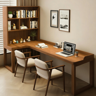 实木转角书桌书柜一体靠墙口字腿工作台学习桌L型电脑桌卧室家用