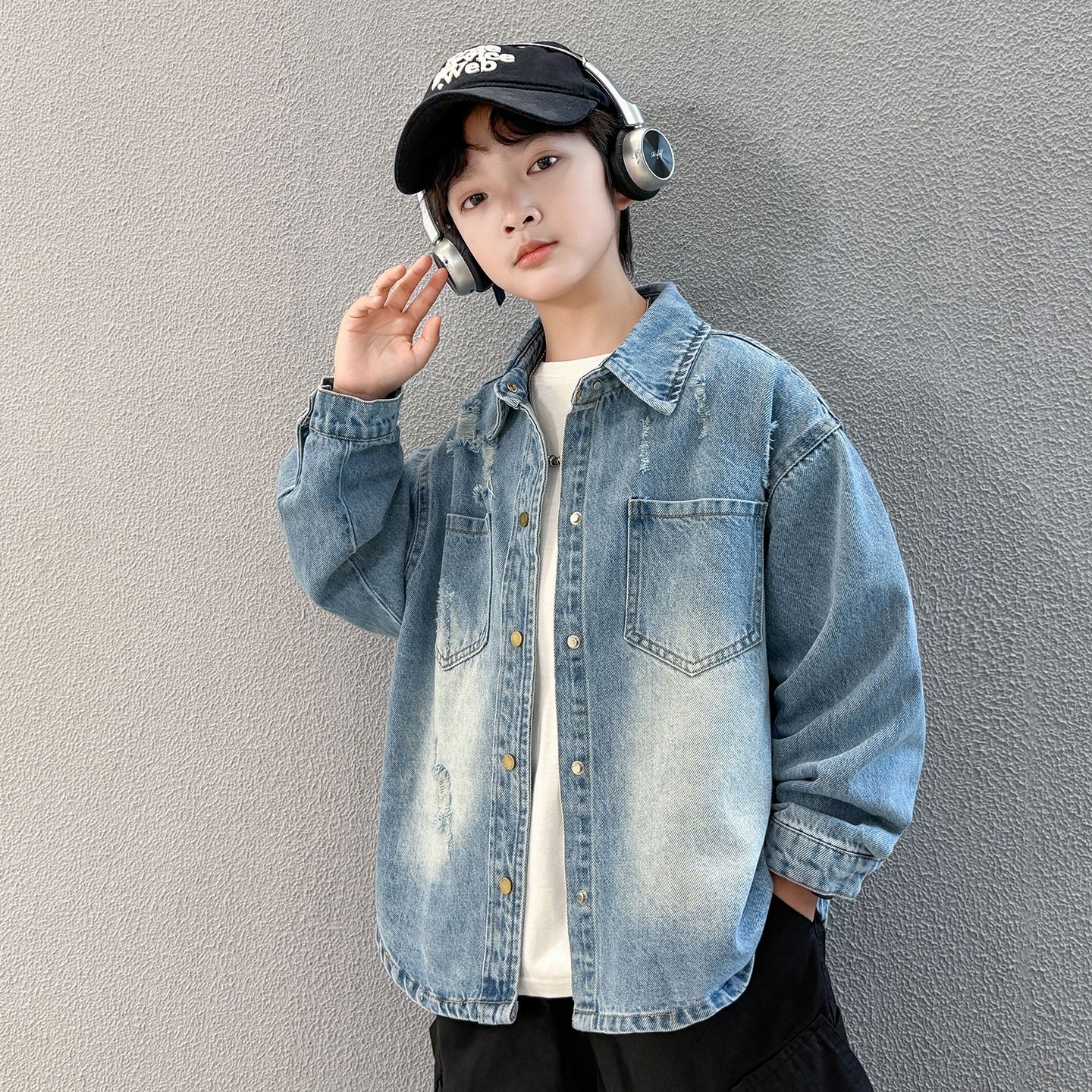 男童牛仔外套春秋季青少年衬衫