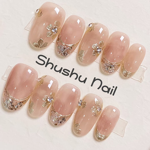 【梧叶秋声】手工穿戴甲轻奢高级感香槟金手绘小花光疗美甲可拆卸