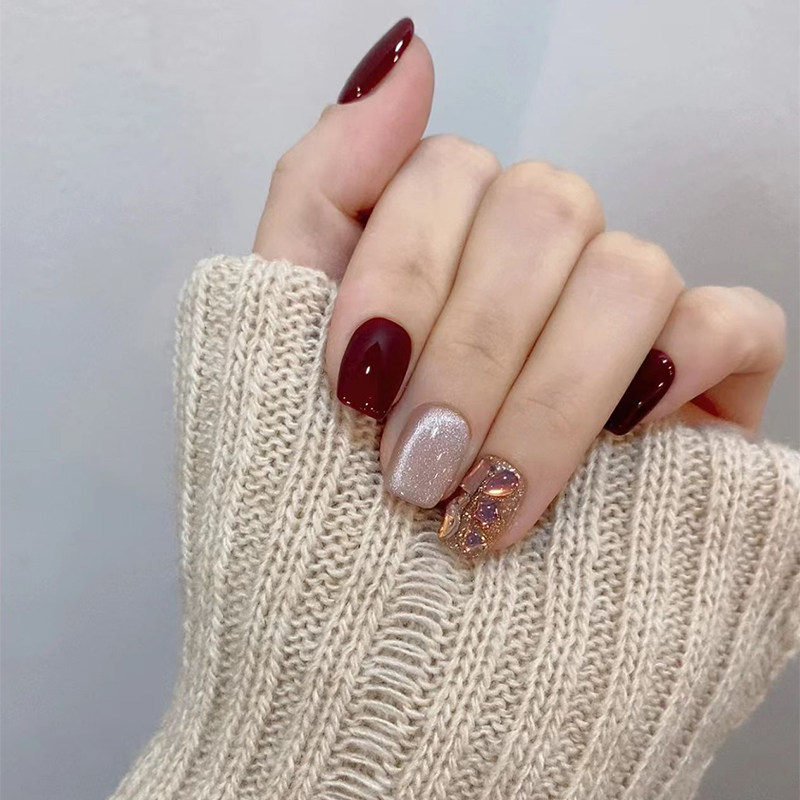 纯手工穿戴甲酒红微醺秋冬显白温柔高级感气质可拆卸定制短款美甲,彩妆/香水/美妆工具,穿戴甲/甲片,淘宝优惠券,粉丝福利购,淘宝优惠卷