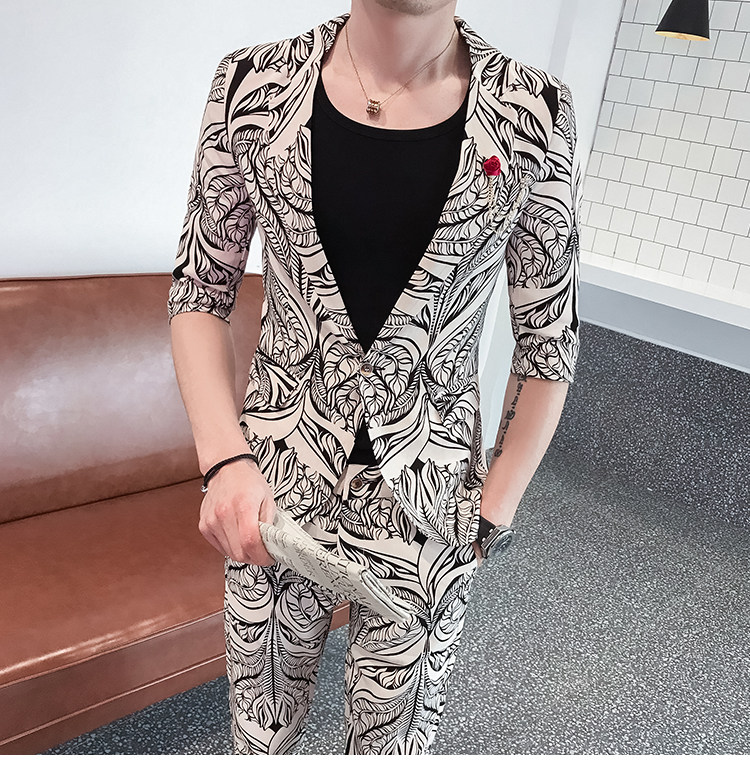 时尚修身小伙印花中袖西服套装P135,男装西服套装,星座407-1