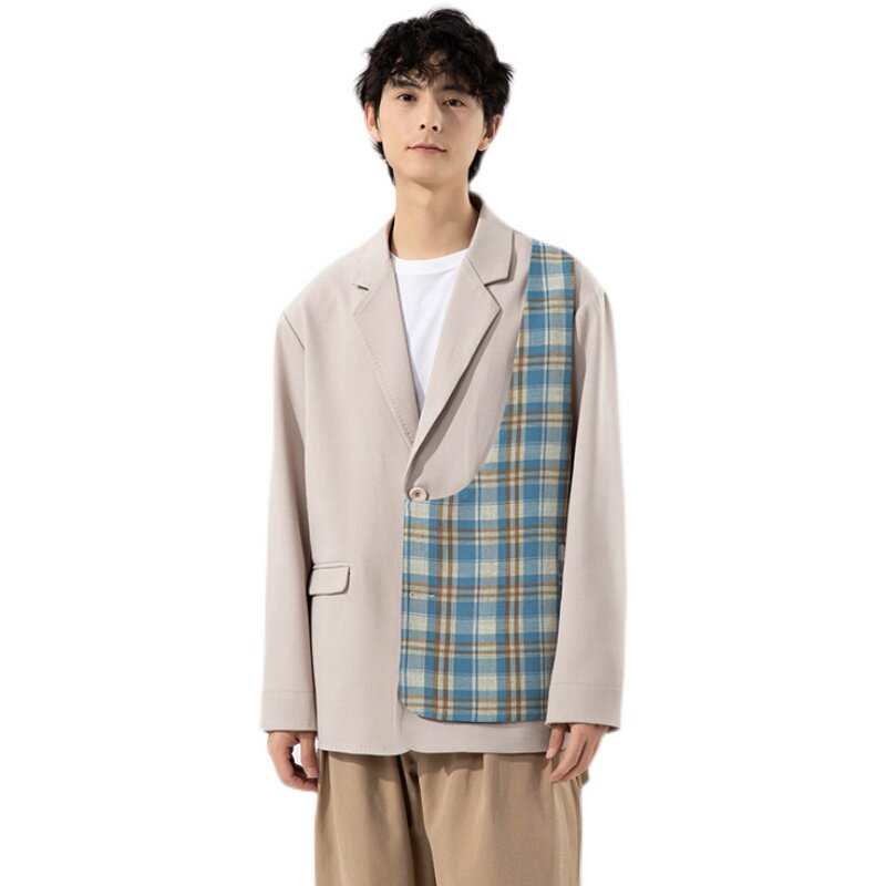 青年便服长袖西装领流行纯色格子拼接外套P180,男装西服套装,星座407-1