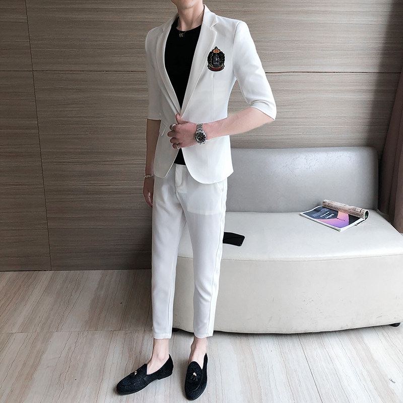 男士短款立领纯色西服胸口徽章套装P135,男装西服,星座407-1