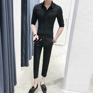 夏季男士条纹衬衫套装P100图片