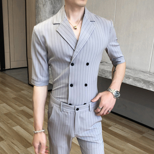 夏季男士双扣修身中袖条纹衬衫西服套装P130图片