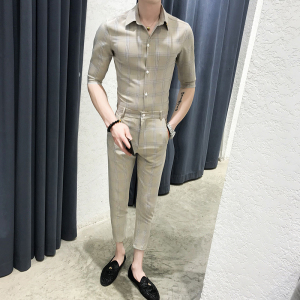 男士夏季流行休闲格子衬衫修身七分袖套装P100图片