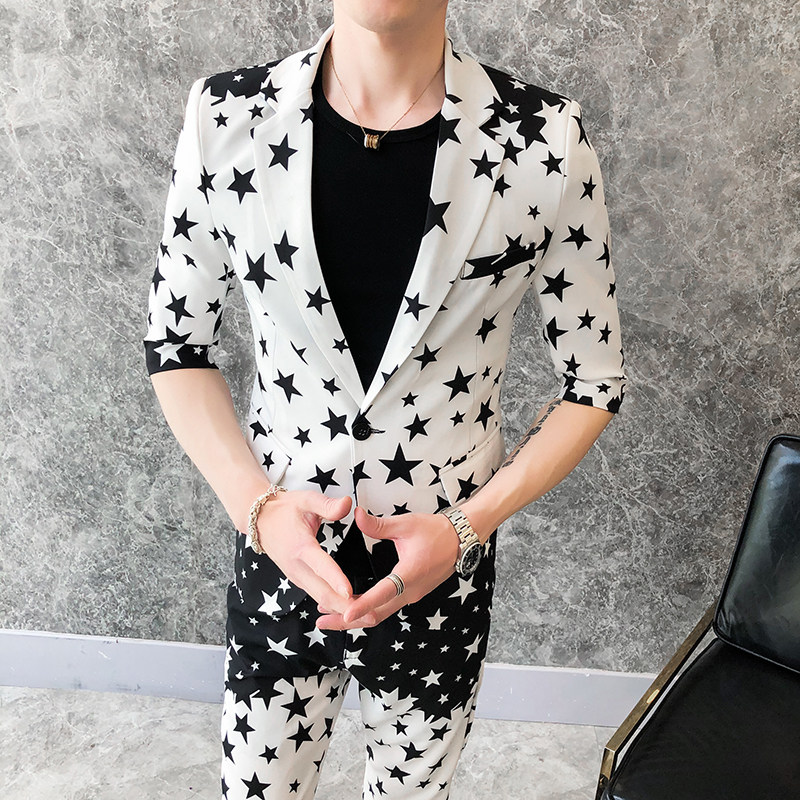 夏季男士修身个性星星印花西服两件套九分裤P130,男装西服,星座407-1