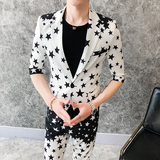 夏季男士修身个性星星印花西服两件套九分裤P130，男装西服，星座407-1