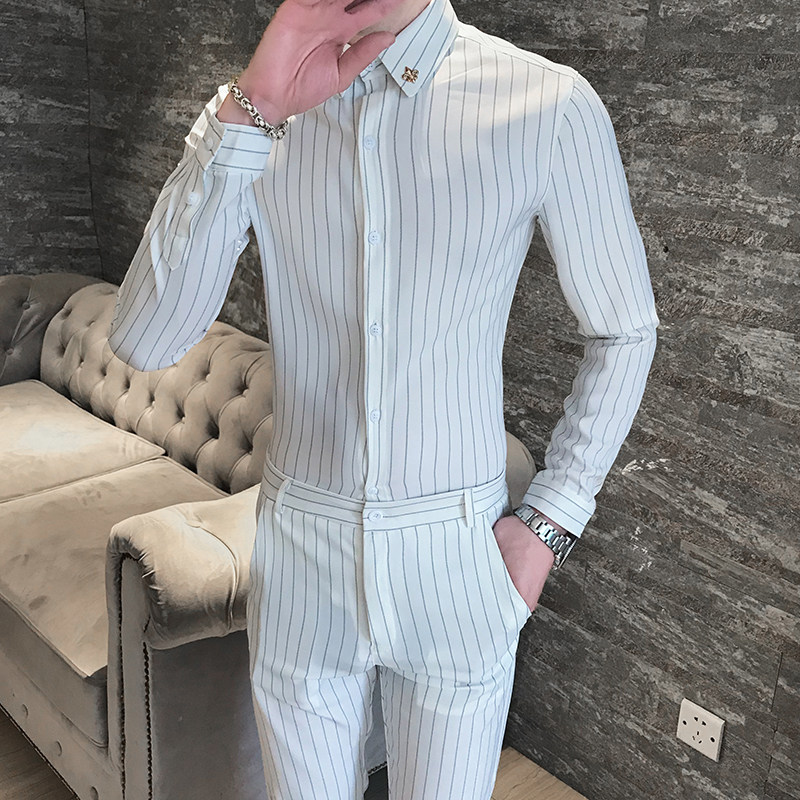 秋季男士长袖修身潮流衬衫套装P100图片