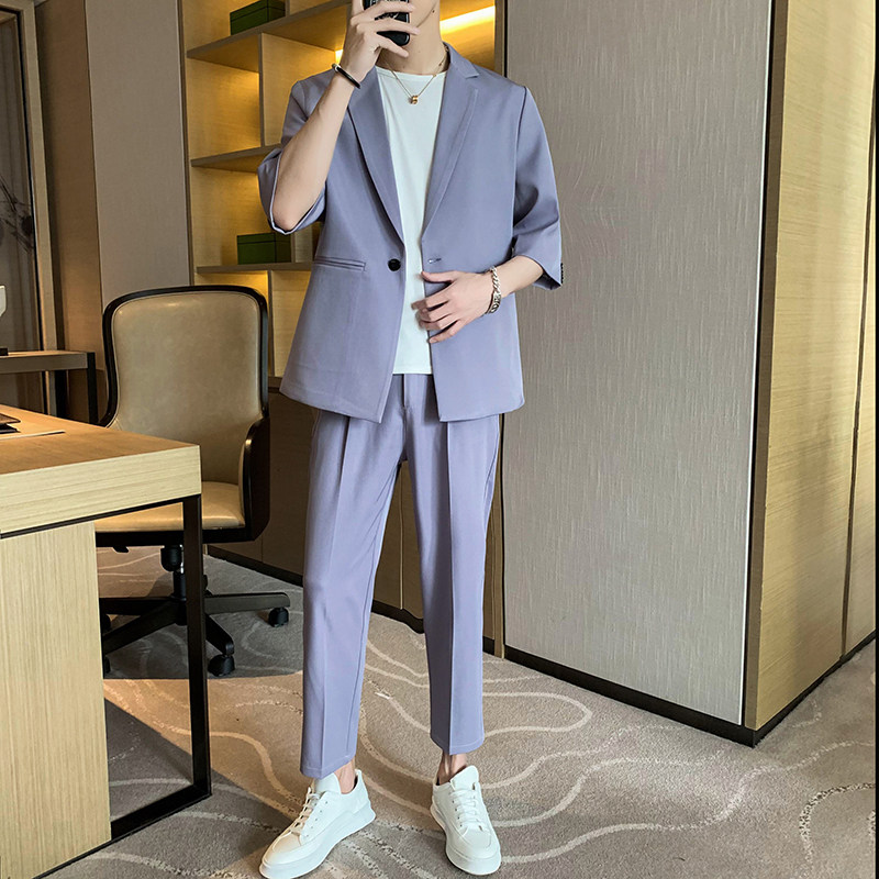 夏季男士时尚日常休闲纯色宽松西服套装P160图片