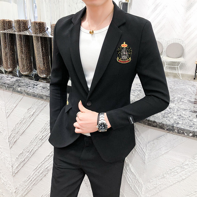 男士英伦风修身刺绣西服套装P155图片