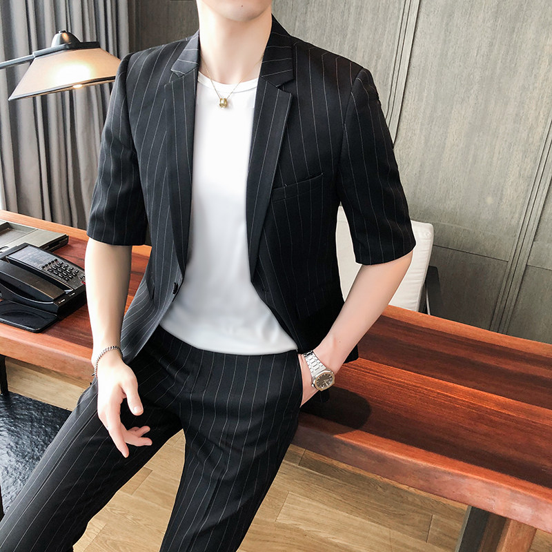 条纹七分袖西装套装夏季商务高级感男装英伦雅痞休闲西服外套P150,男装西服,星座407-1