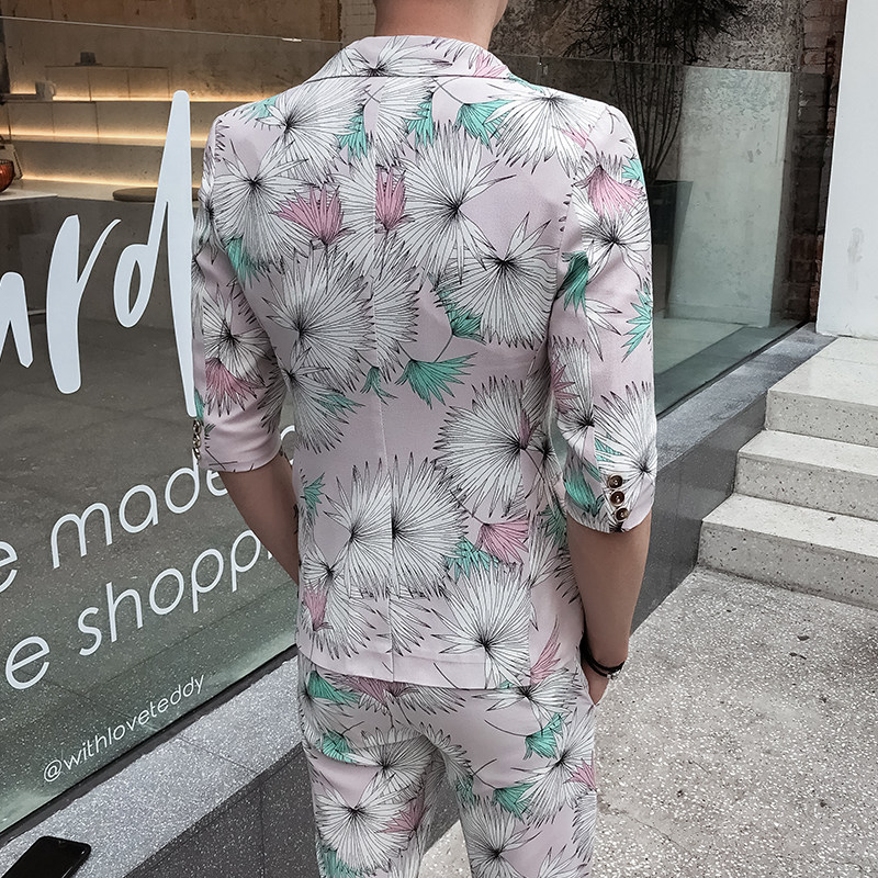时尚修身小伙印花中袖西服套装P135,男装西服套装,星座407-1