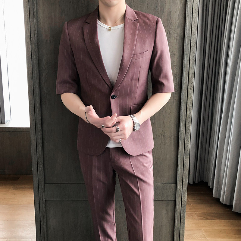 青年男士款细条纹中短袖西服套装P150图片