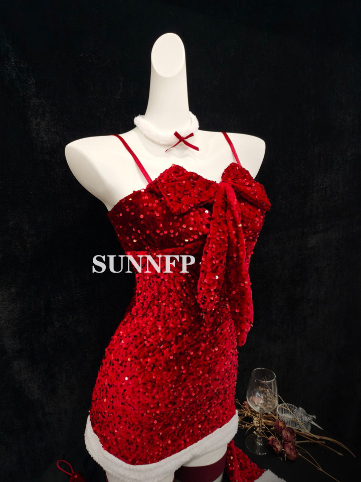SUNNFP［圣诞夜］性感圣诞节日制服包臀裙套装自带胸垫蝴蝶结qqny